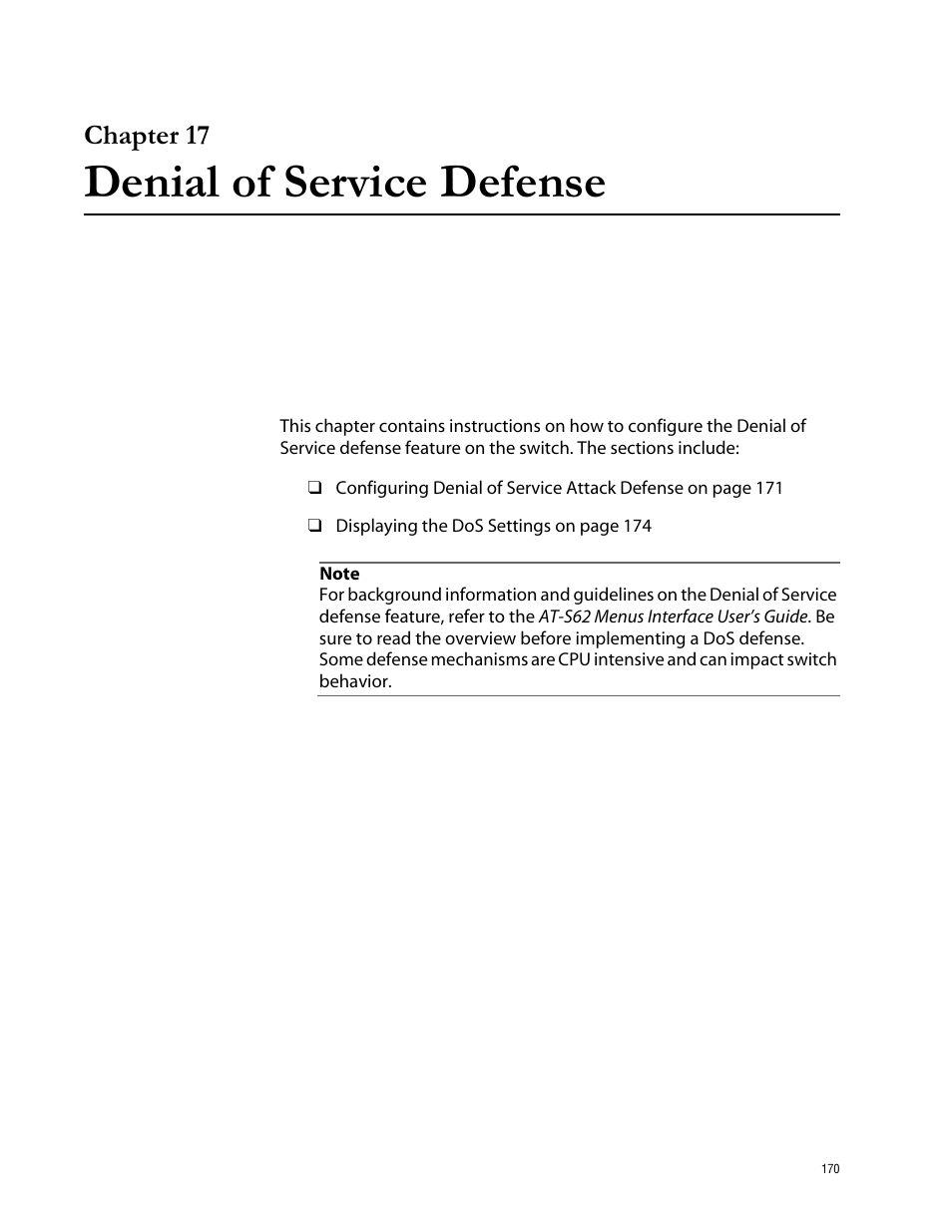 Chapter 17, Denial of service defense, Chapter 17 denial of service defense | Allied Telesis AT-S62 User Manual | Page 170 / 335