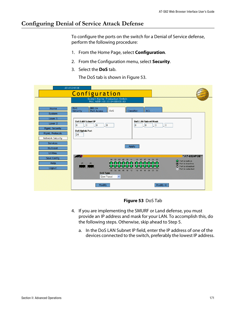 Configuring denial of service attack defense, Figure 53: dos tab | Allied Telesis AT-S62 User Manual | Page 171 / 335