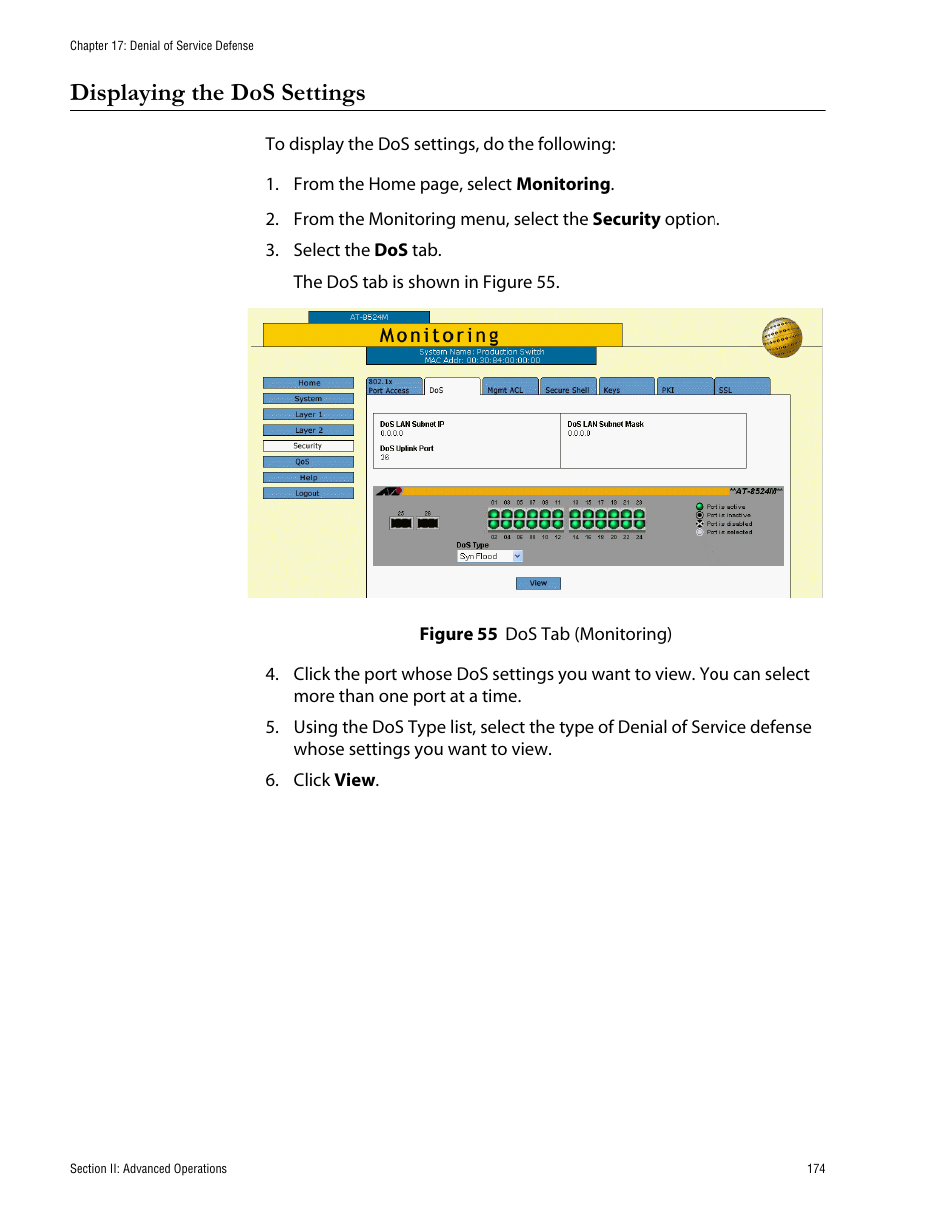 Displaying the dos settings, Figure 55: dos tab (monitoring) | Allied Telesis AT-S62 User Manual | Page 174 / 335