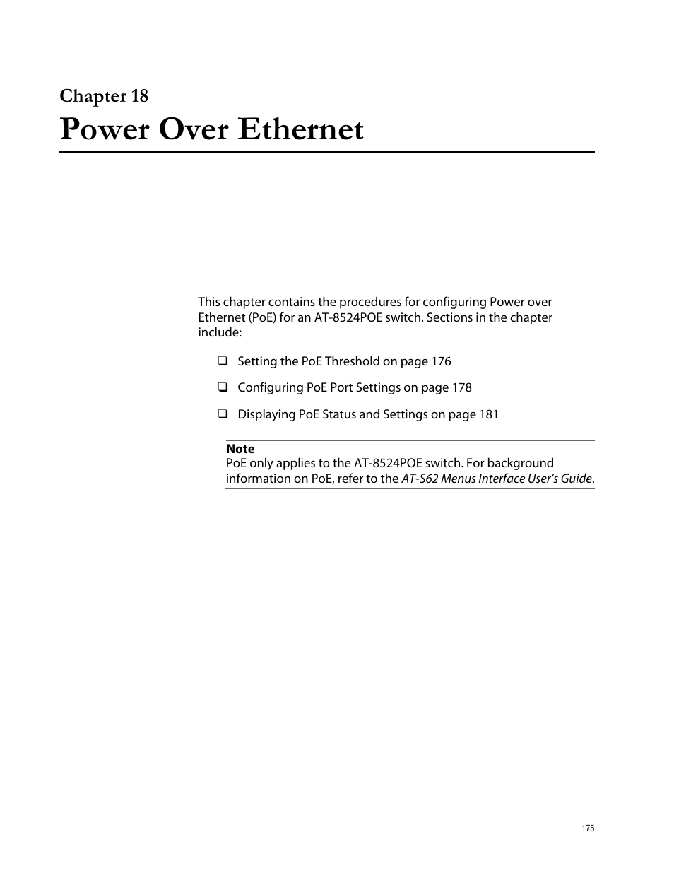 Chapter 18, Power over ethernet, Chapter 18 power over ethernet | Allied Telesis AT-S62 User Manual | Page 175 / 335