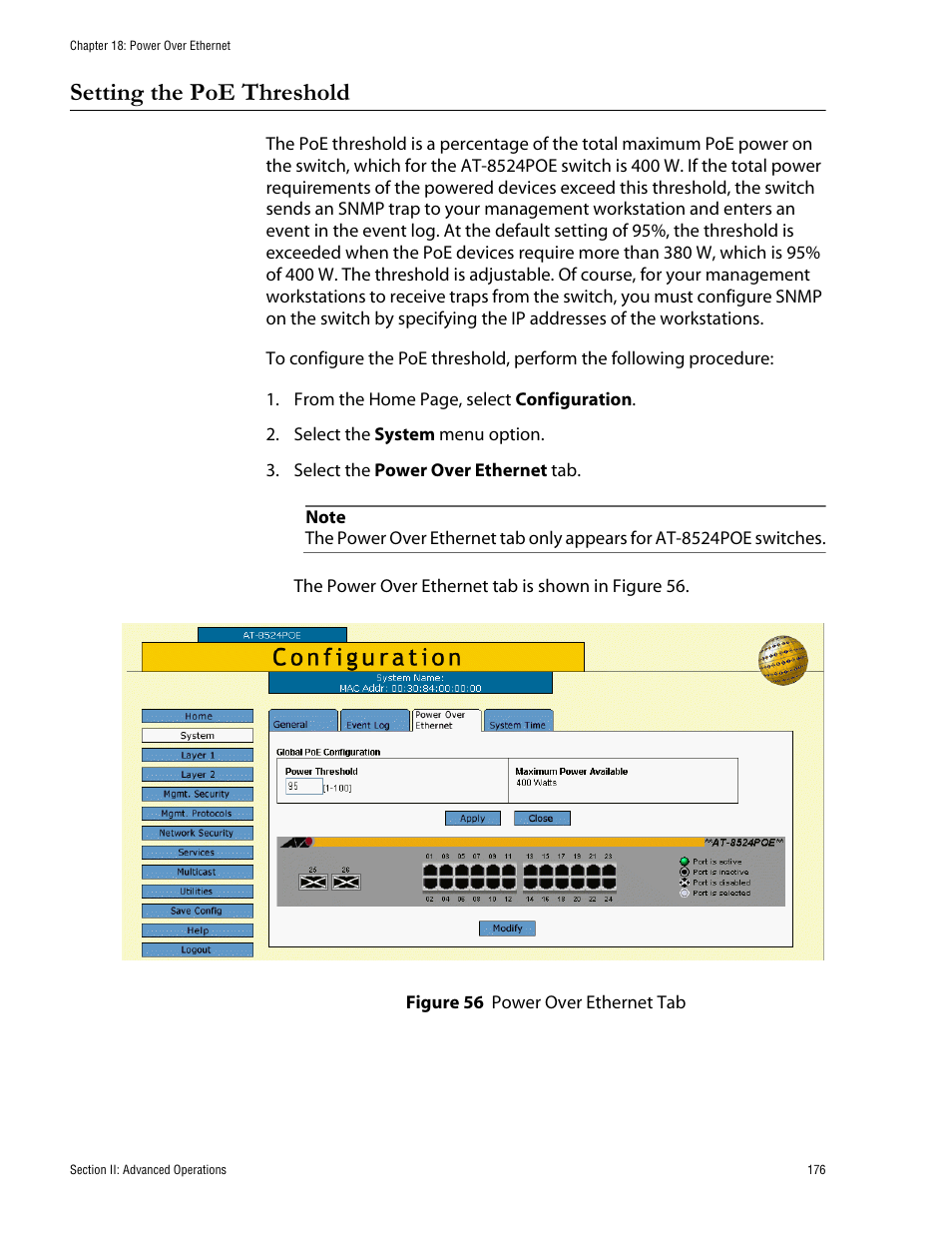 Setting the poe threshold, Figure 56: power over ethernet tab | Allied Telesis AT-S62 User Manual | Page 176 / 335