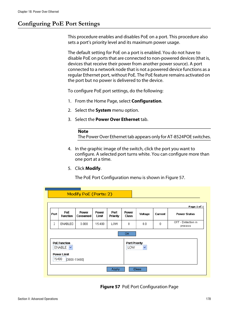 Configuring poe port settings | Allied Telesis AT-S62 User Manual | Page 178 / 335