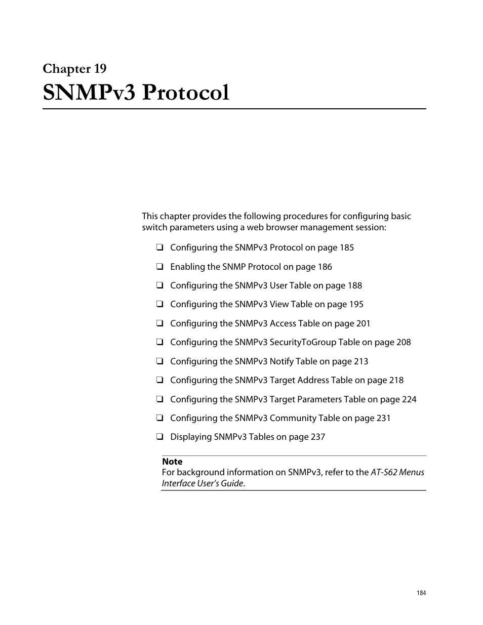 Chapter 19, Snmpv3 protocol, Chapter 19 snmpv3 protocol | Allied Telesis AT-S62 User Manual | Page 184 / 335