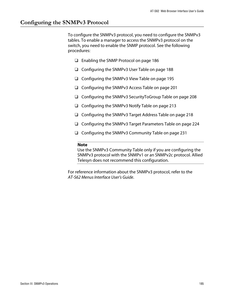 Configuring the snmpv3 protocol | Allied Telesis AT-S62 User Manual | Page 185 / 335