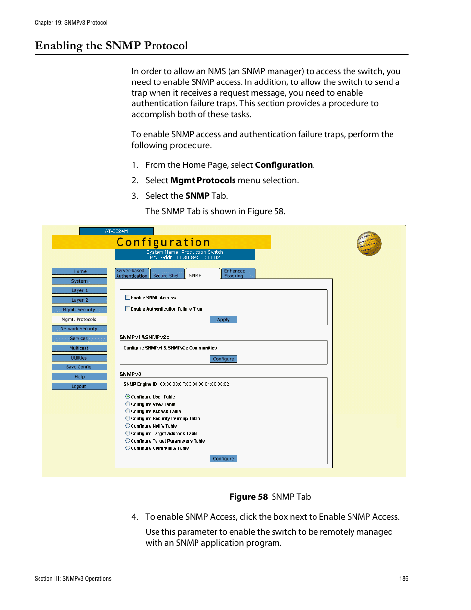 Enabling the snmp protocol, Figure 58: snmp tab | Allied Telesis AT-S62 User Manual | Page 186 / 335