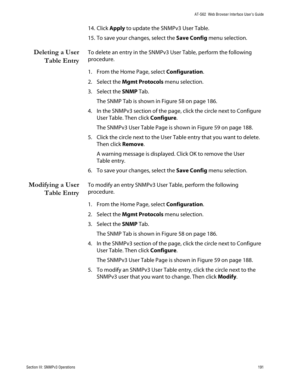 Deleting a user table entry, Modifying a user table entry | Allied Telesis AT-S62 User Manual | Page 191 / 335
