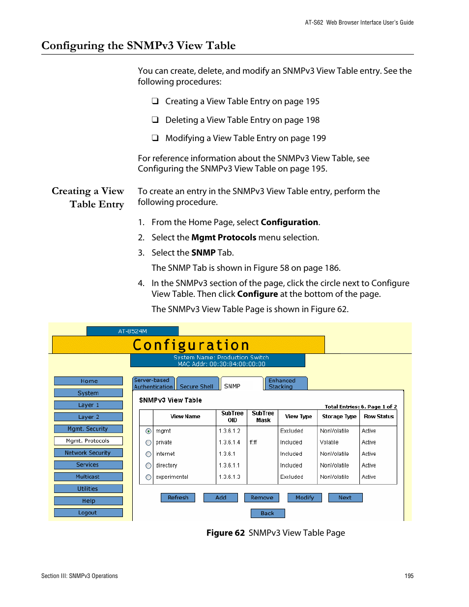 Configuring the snmpv3 view table, Creating a view table entry | Allied Telesis AT-S62 User Manual | Page 195 / 335