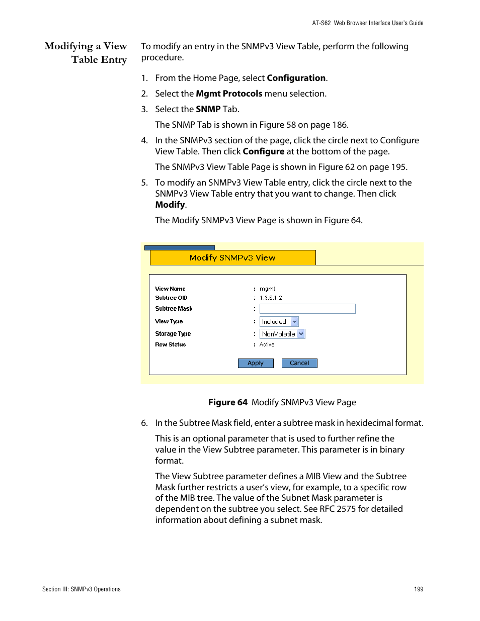 Modifying a view table entry | Allied Telesis AT-S62 User Manual | Page 199 / 335