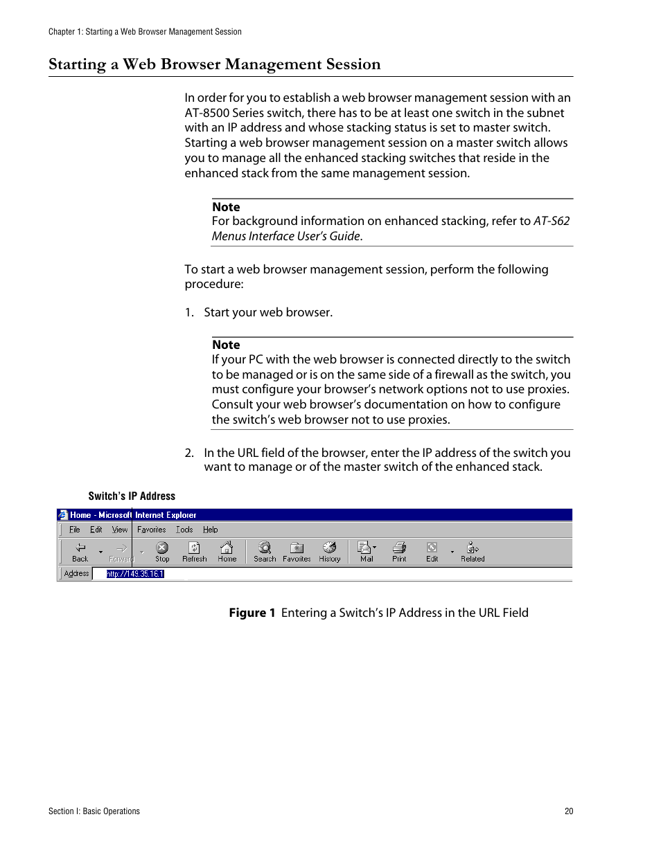 Starting a web browser management session | Allied Telesis AT-S62 User Manual | Page 20 / 335