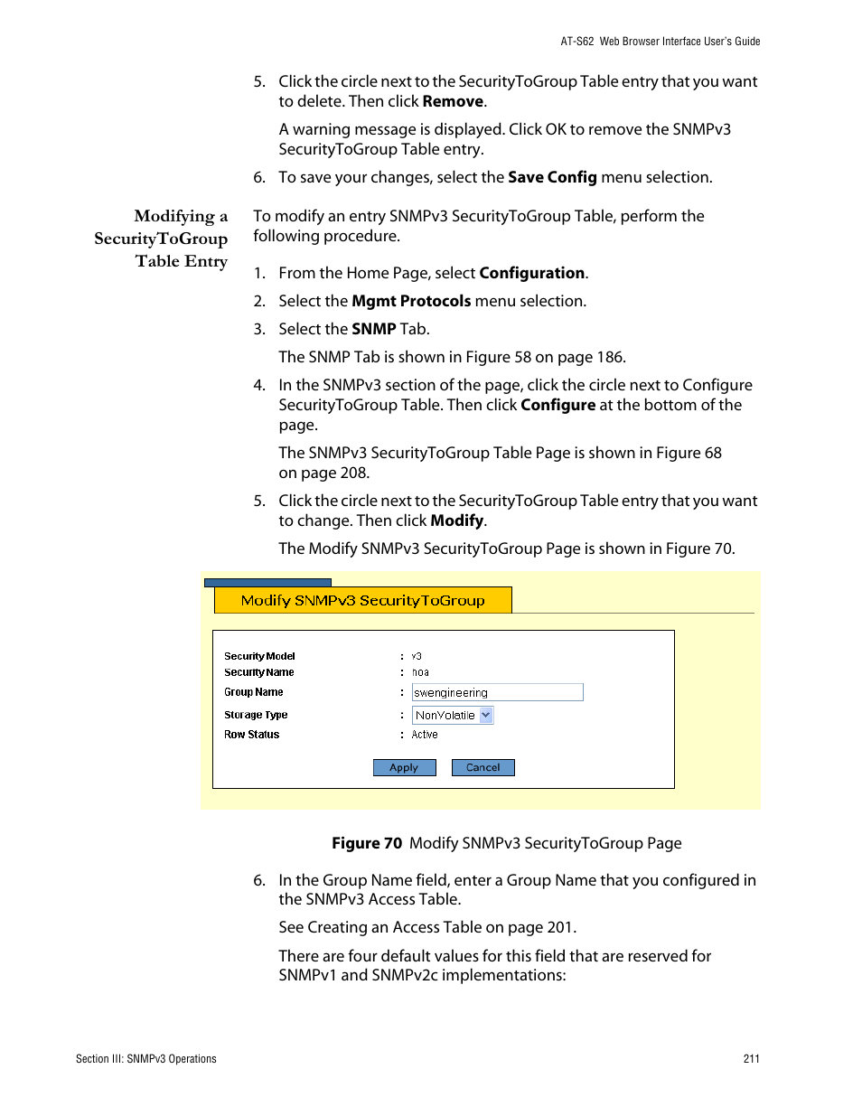Modifying a securitytogroup table entry | Allied Telesis AT-S62 User Manual | Page 211 / 335