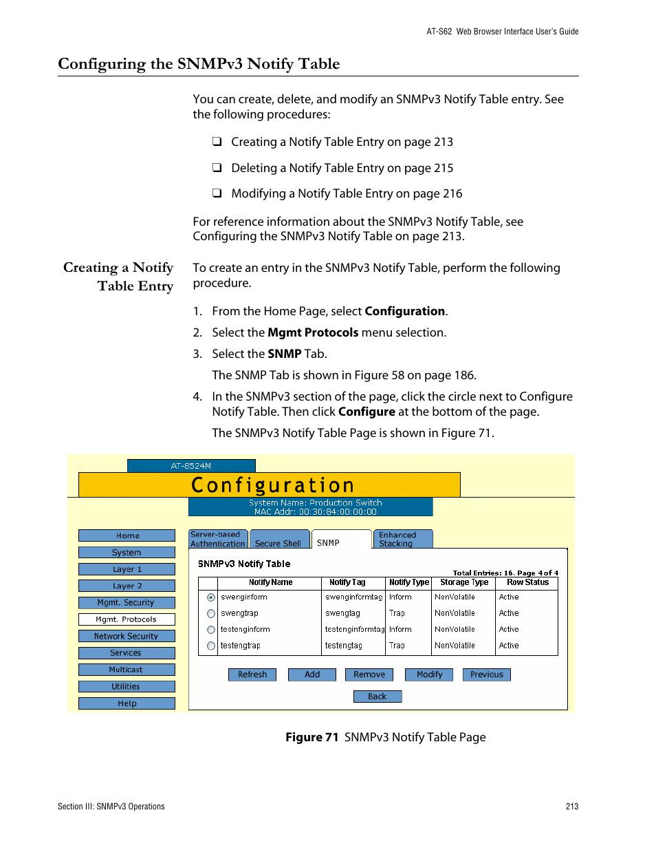 Configuring the snmpv3 notify table, Creating a notify table entry | Allied Telesis AT-S62 User Manual | Page 213 / 335