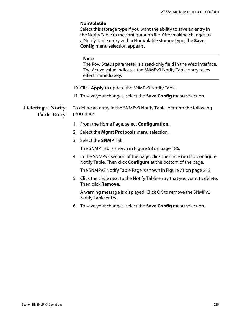 Deleting a notify table entry | Allied Telesis AT-S62 User Manual | Page 215 / 335