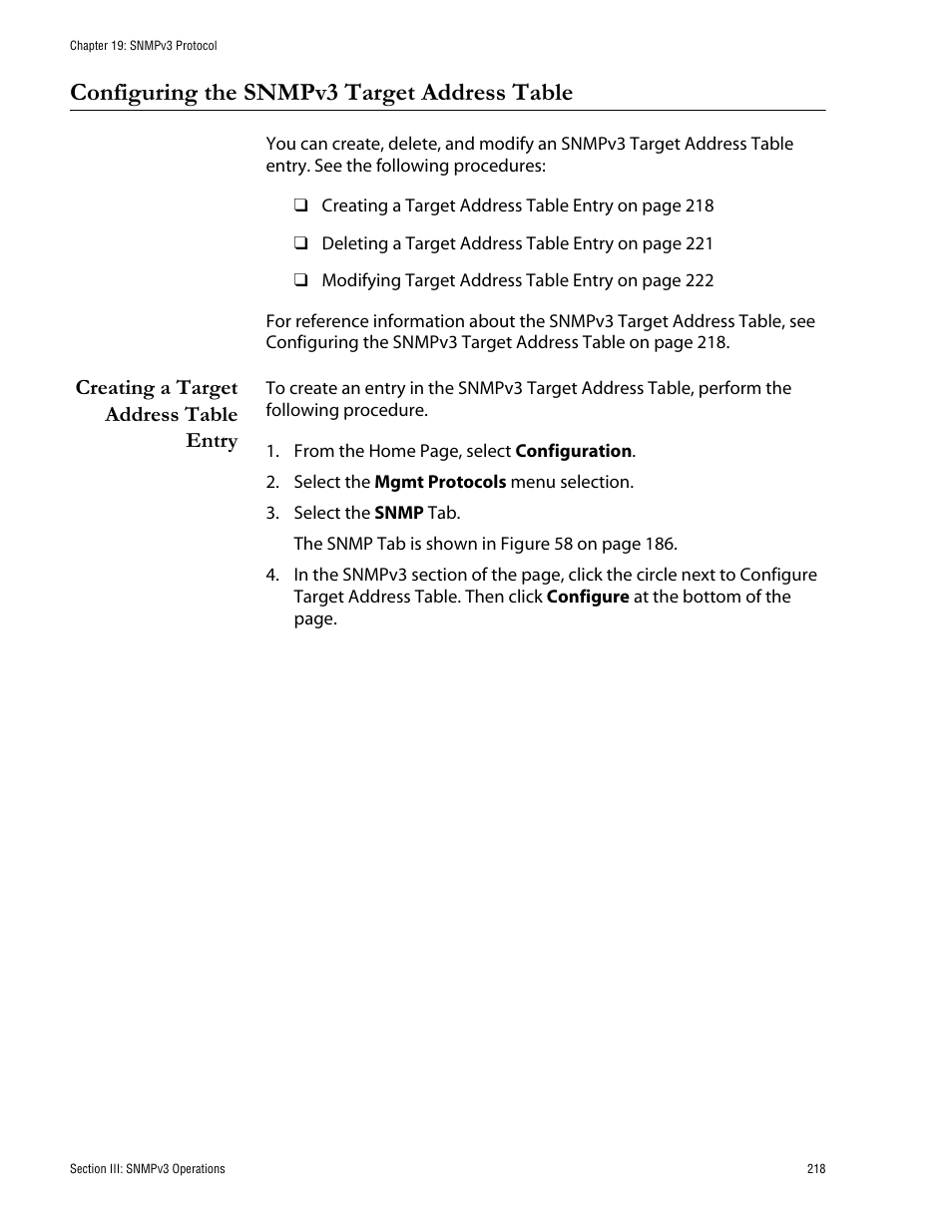 Configuring the snmpv3 target address table, Creating a target address table entry | Allied Telesis AT-S62 User Manual | Page 218 / 335
