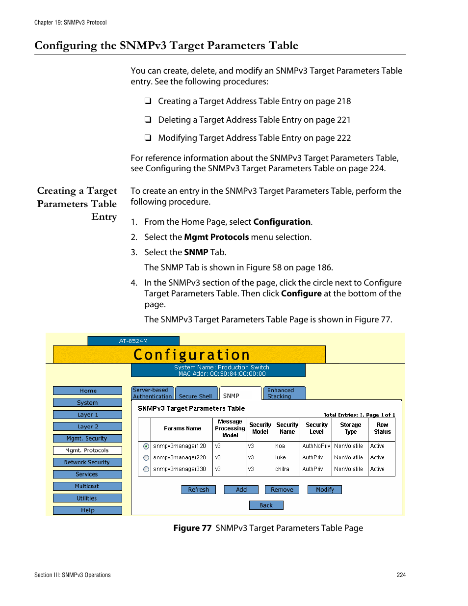 Configuring the snmpv3 target parameters table, Creating a target parameters table entry | Allied Telesis AT-S62 User Manual | Page 224 / 335