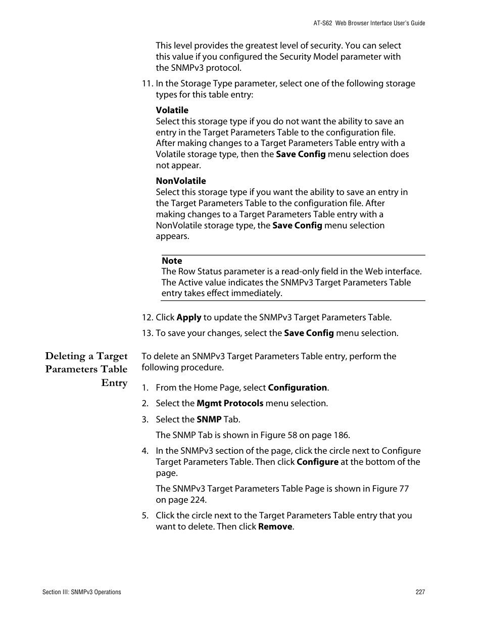 Deleting a target parameters table entry | Allied Telesis AT-S62 User Manual | Page 227 / 335