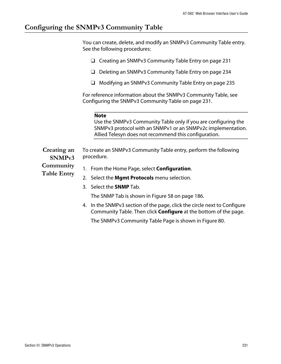 Configuring the snmpv3 community table, Creating an snmpv3 community table entry | Allied Telesis AT-S62 User Manual | Page 231 / 335
