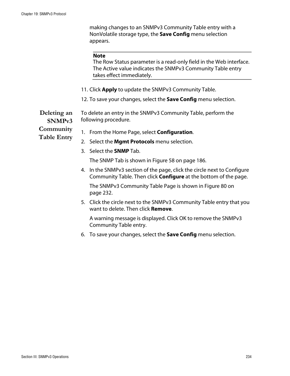 Deleting an snmpv3 community table entry | Allied Telesis AT-S62 User Manual | Page 234 / 335
