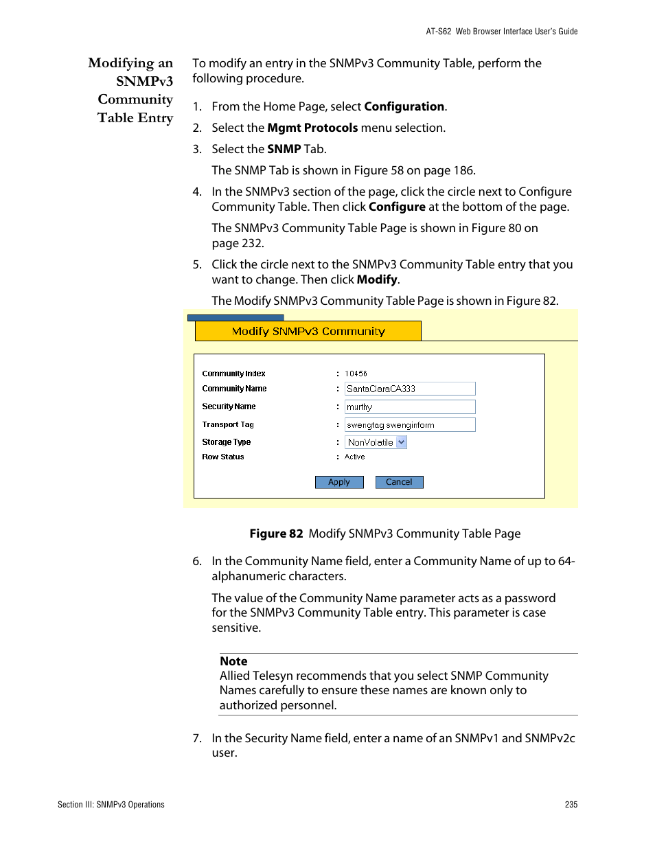 Modifying an snmpv3 community table entry | Allied Telesis AT-S62 User Manual | Page 235 / 335