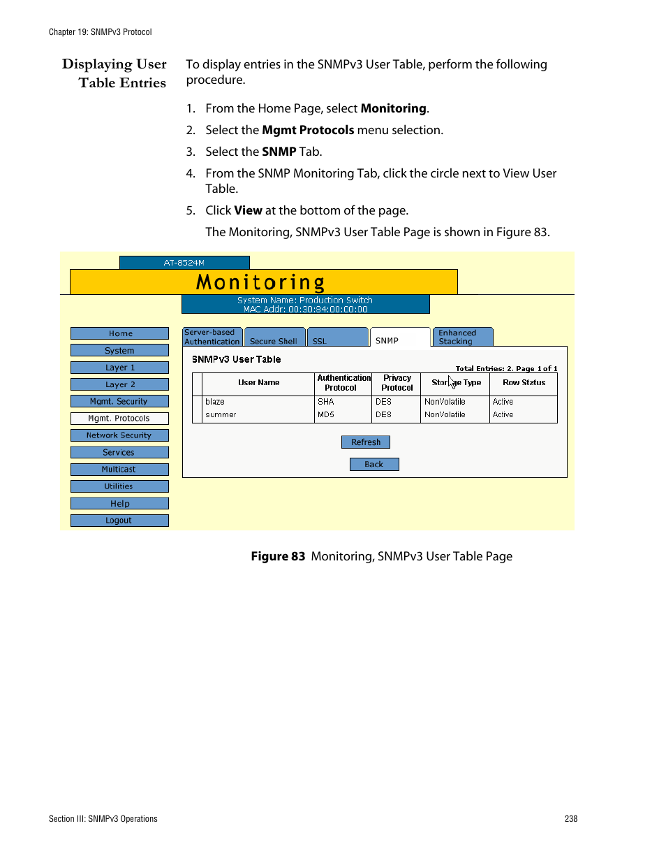 Displaying user table entries | Allied Telesis AT-S62 User Manual | Page 238 / 335