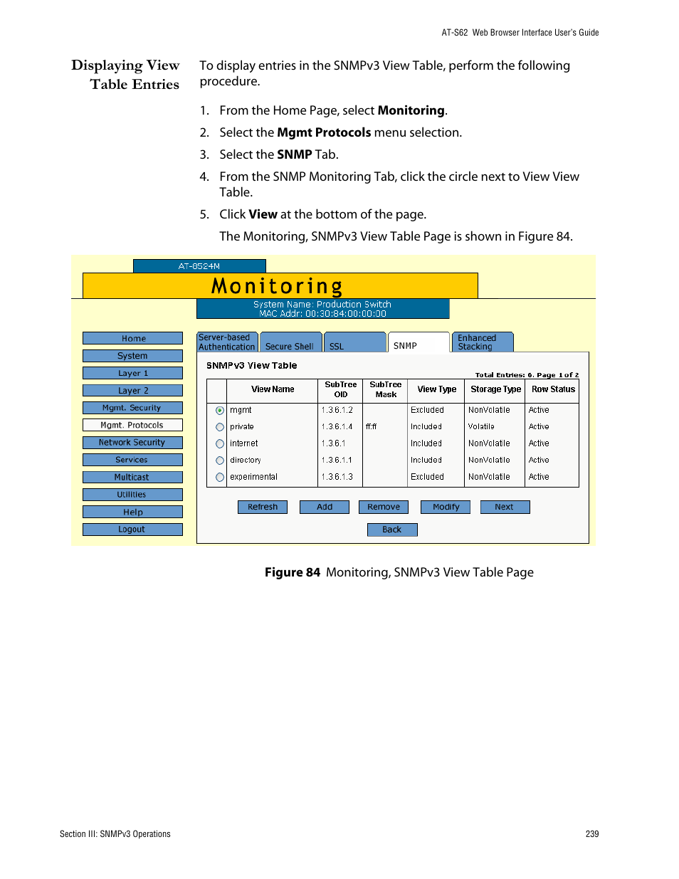 Displaying view table entries | Allied Telesis AT-S62 User Manual | Page 239 / 335