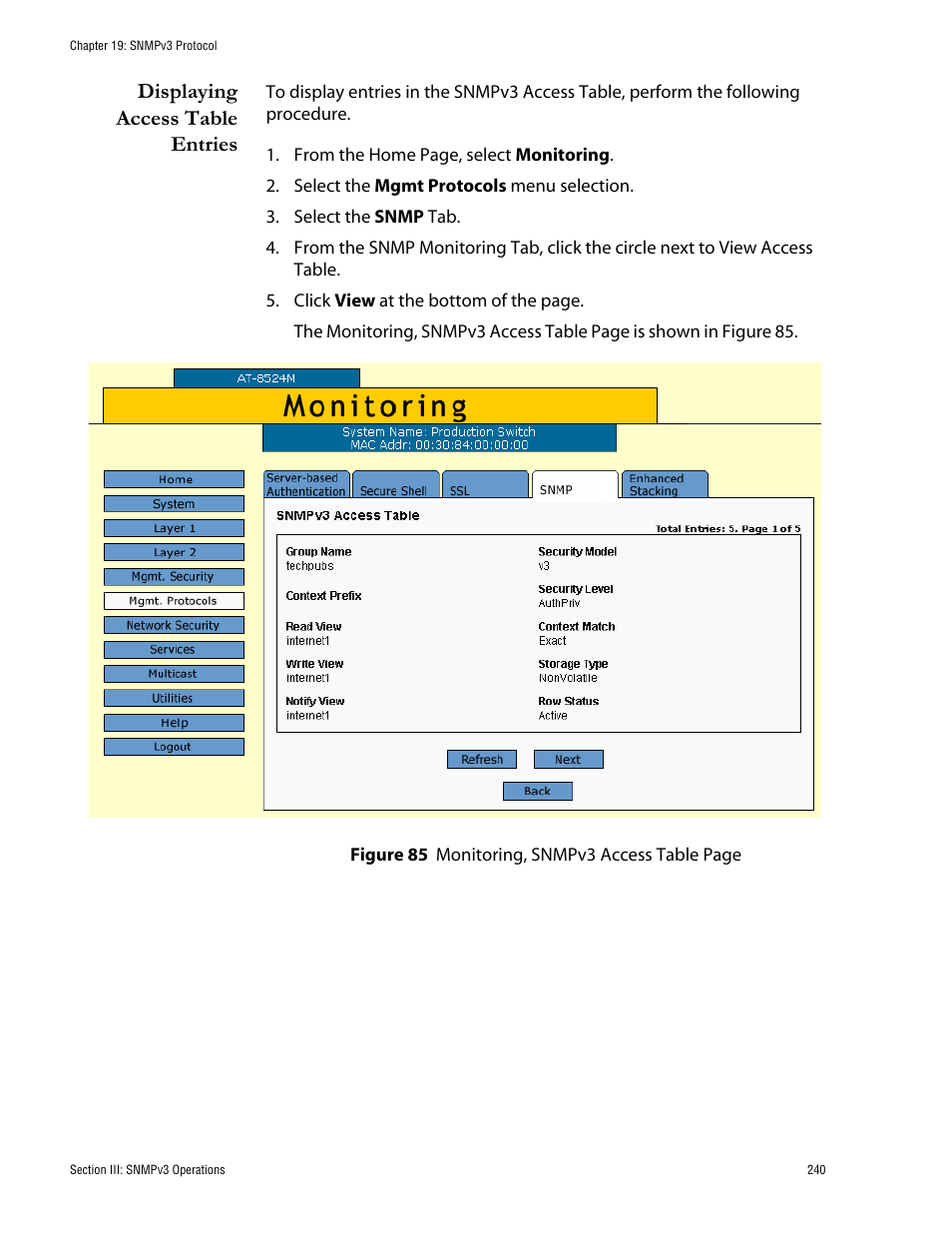 Displaying access table entries | Allied Telesis AT-S62 User Manual | Page 240 / 335
