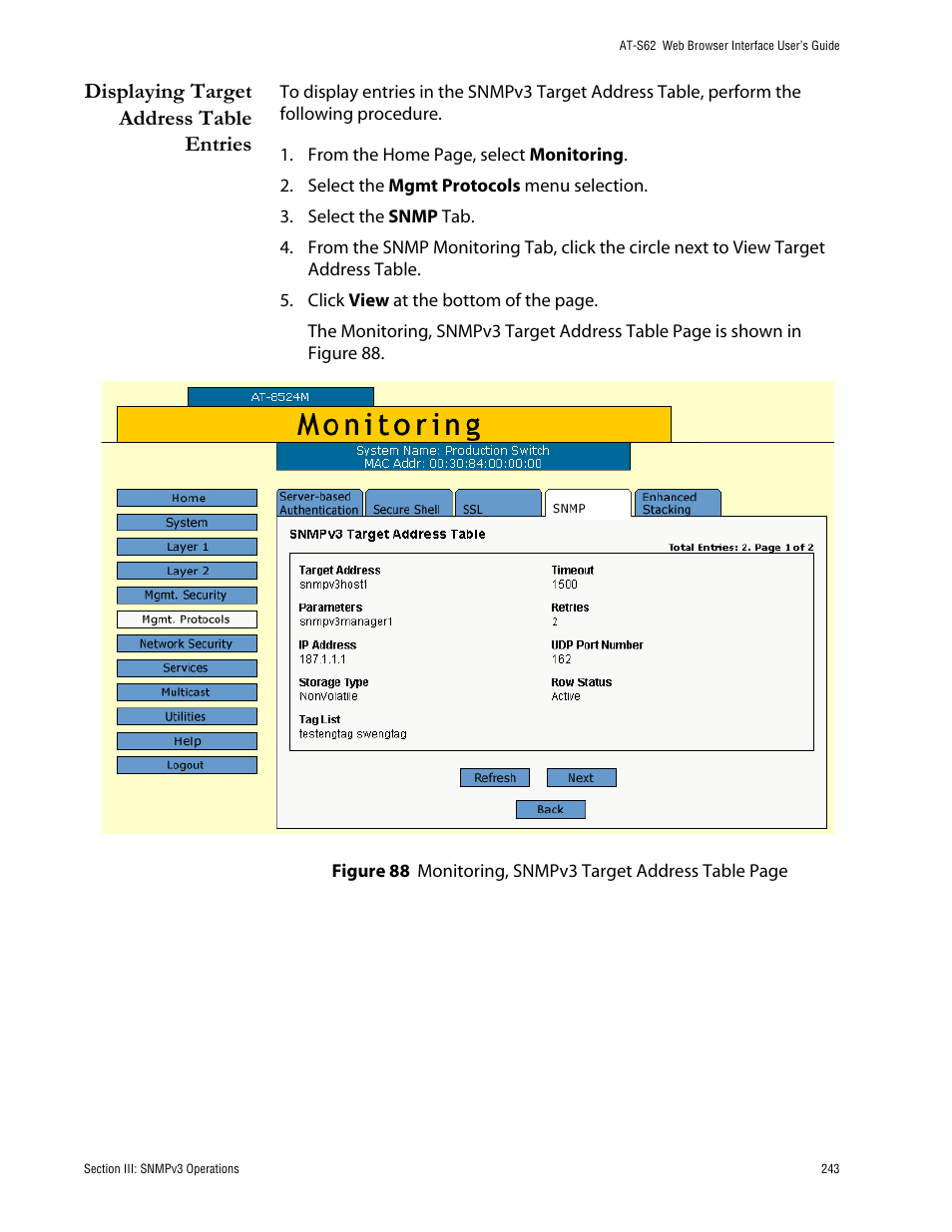 Displaying target address table entries | Allied Telesis AT-S62 User Manual | Page 243 / 335