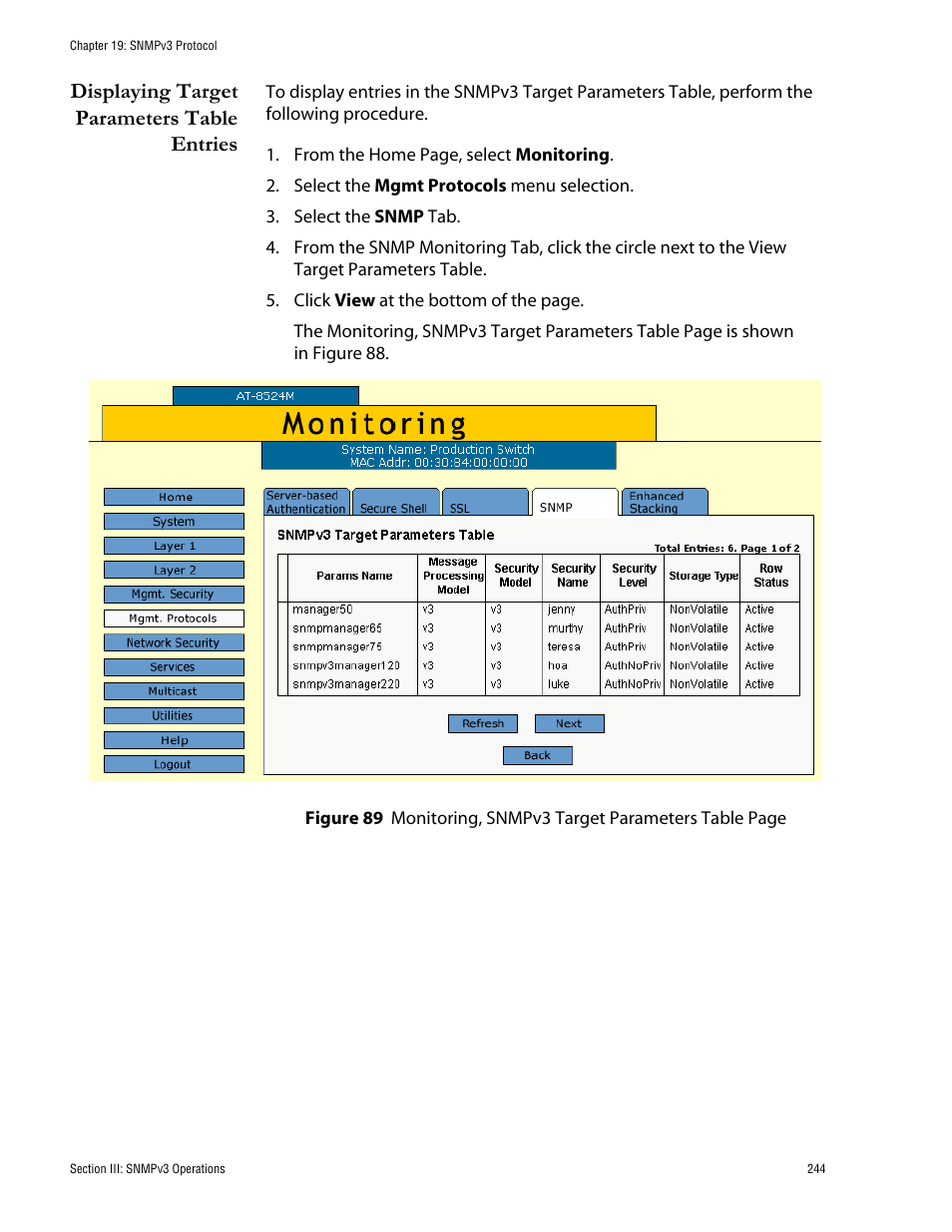 Displaying target parameters table entries | Allied Telesis AT-S62 User Manual | Page 244 / 335