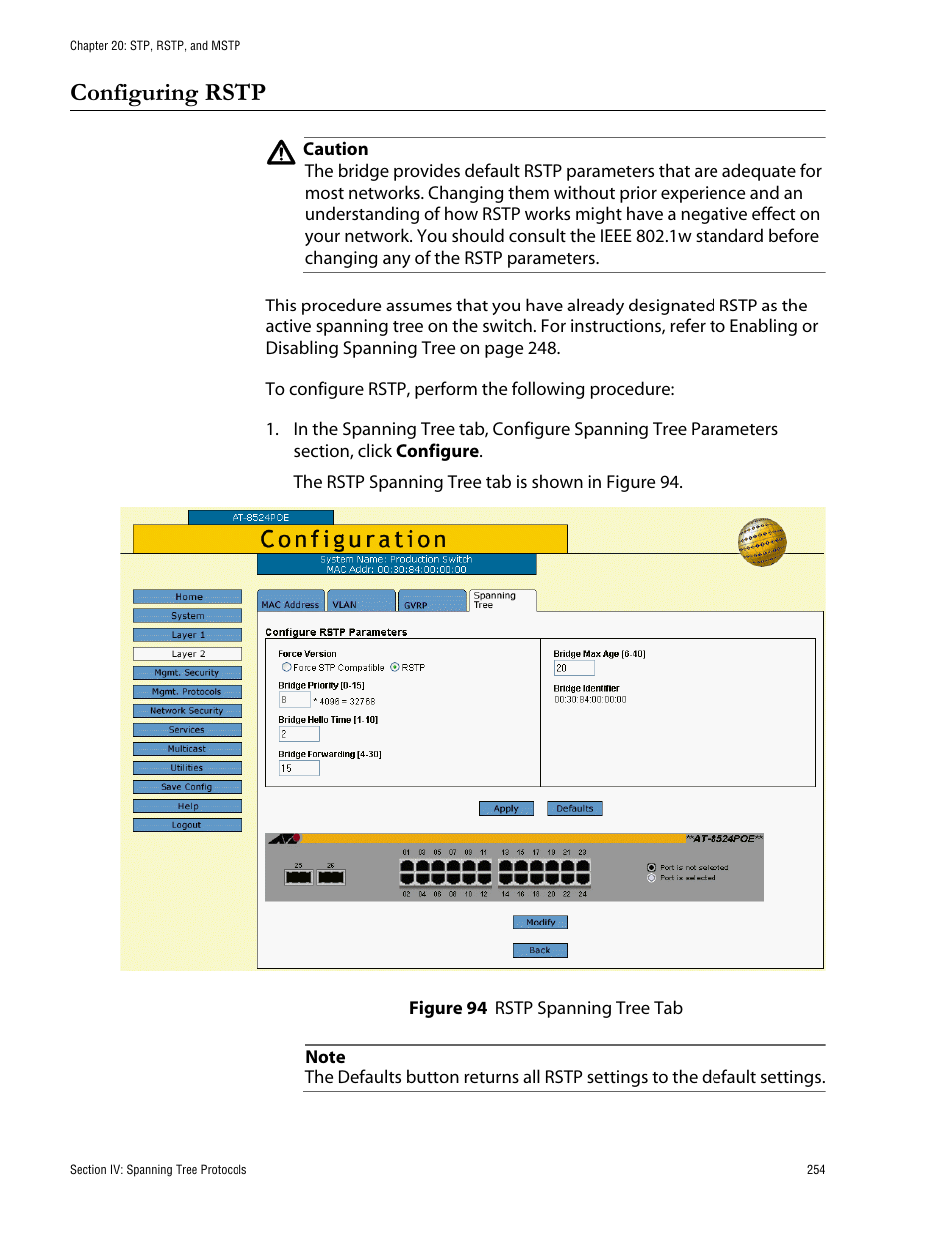Configuring rstp, Figure 94: rstp spanning tree tab | Allied Telesis AT-S62 User Manual | Page 254 / 335