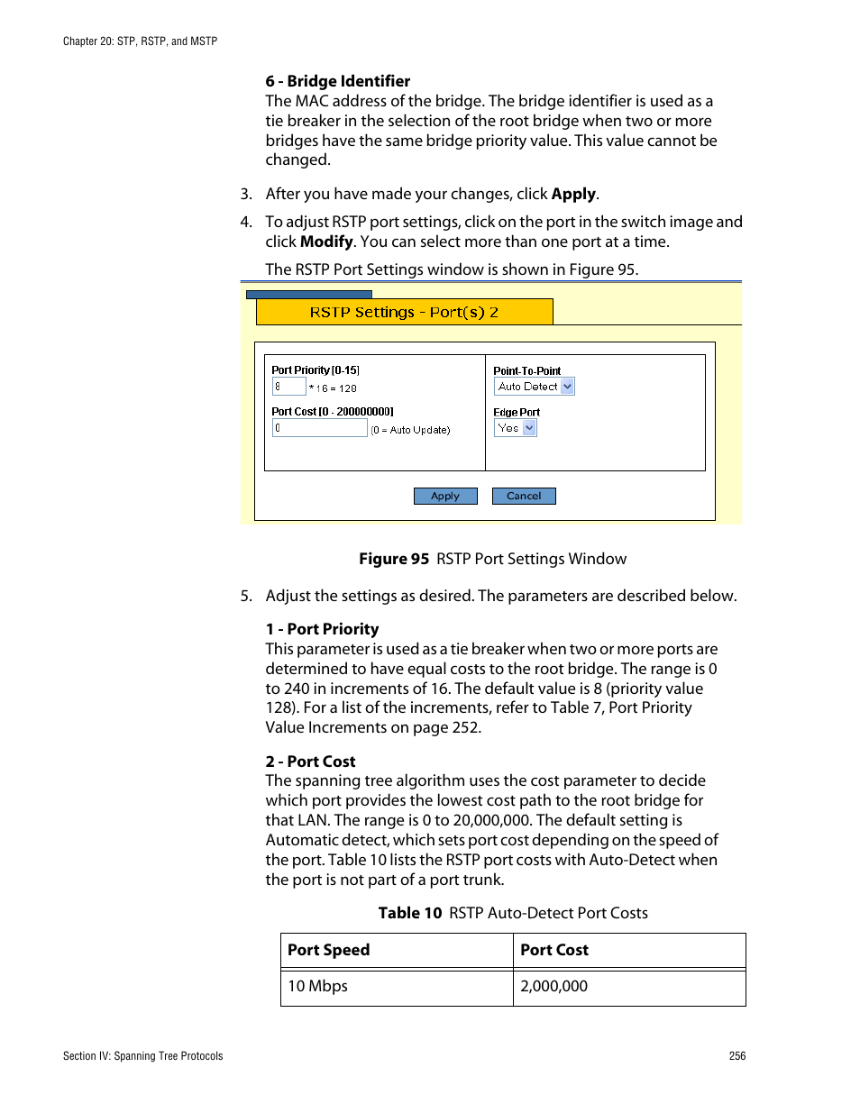 Rstp port settings window | Allied Telesis AT-S62 User Manual | Page 256 / 335
