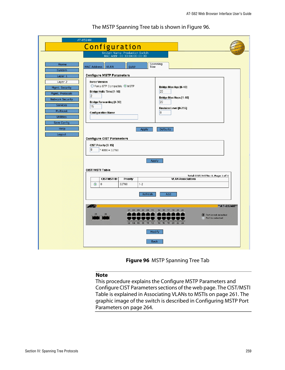 Figure 96: mstp spanning tree tab | Allied Telesis AT-S62 User Manual | Page 259 / 335
