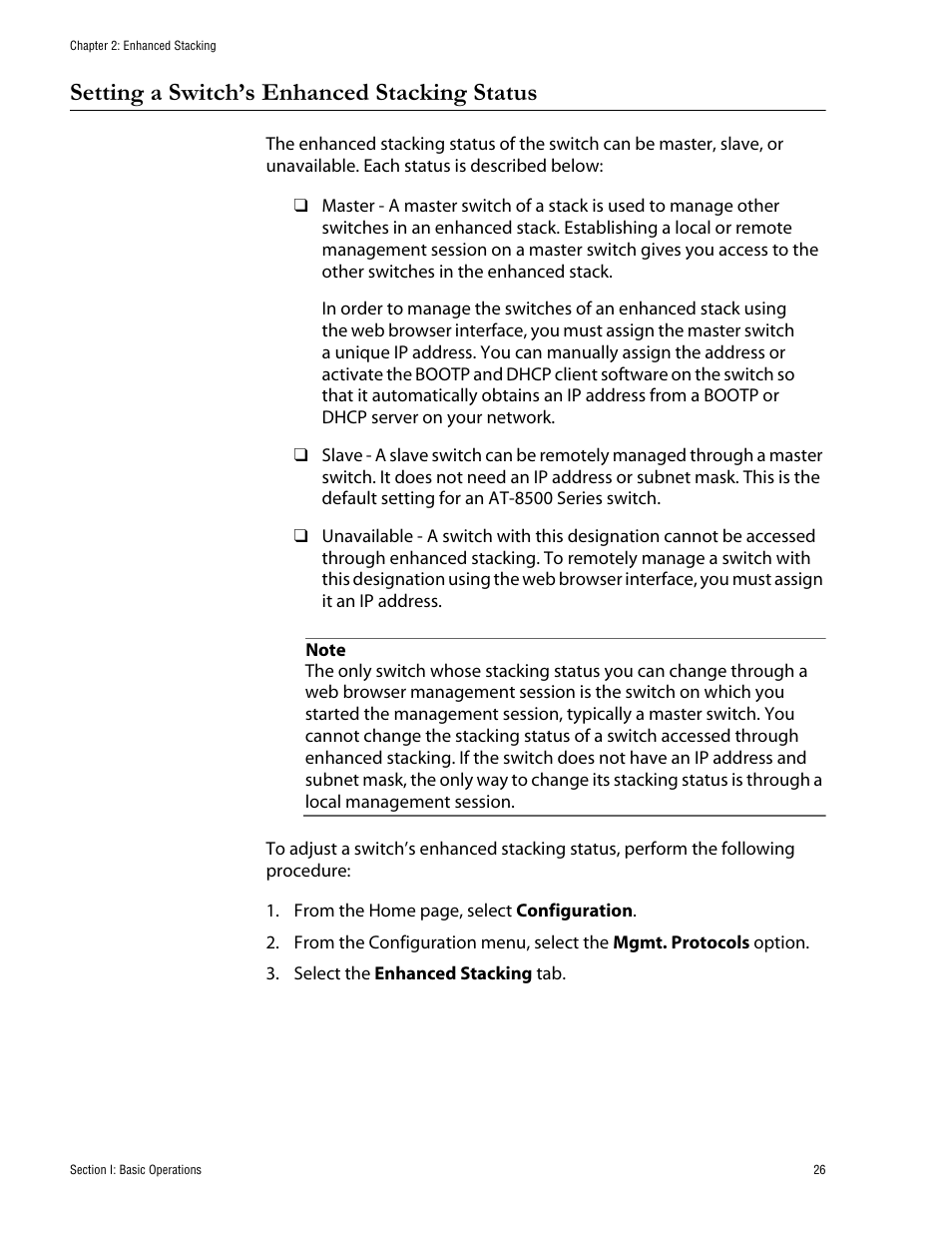 Setting a switch’s enhanced stacking status | Allied Telesis AT-S62 User Manual | Page 26 / 335