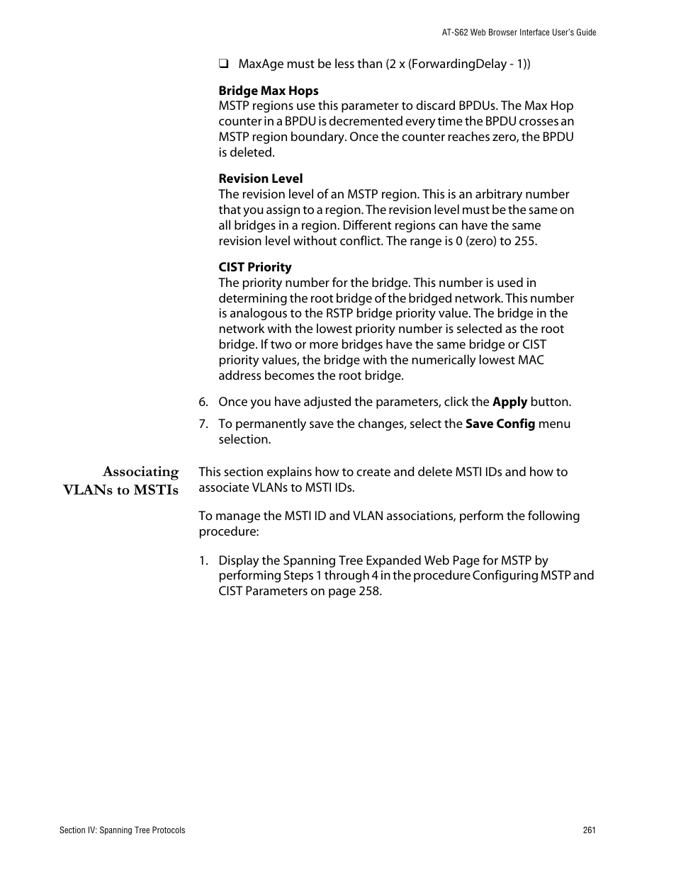 Associating vlans to mstis | Allied Telesis AT-S62 User Manual | Page 261 / 335