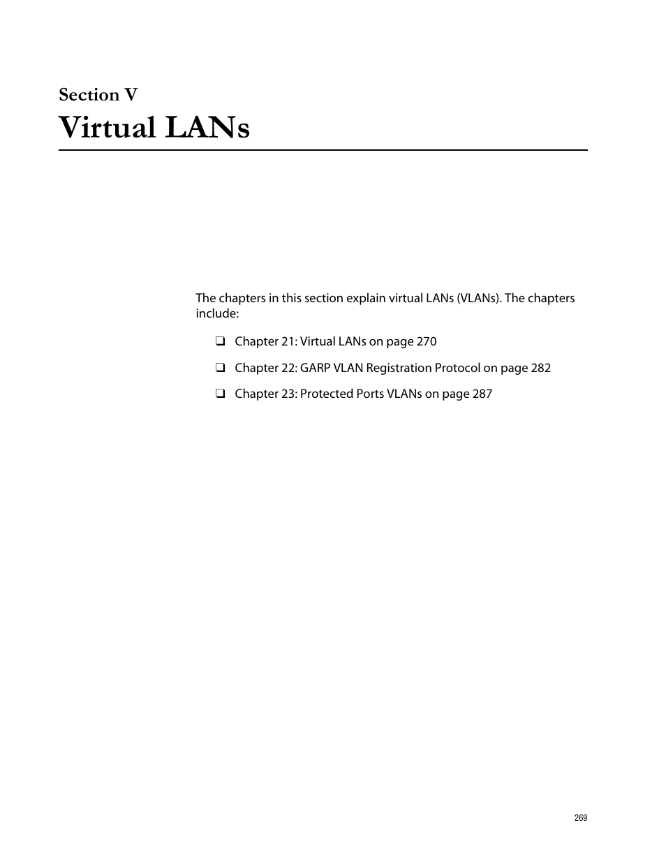 Section v, Virtual lans, Section v virtual lans | Allied Telesis AT-S62 User Manual | Page 269 / 335