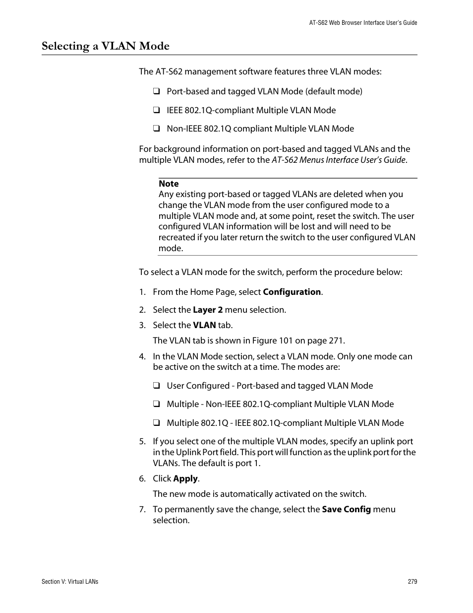 Selecting a vlan mode | Allied Telesis AT-S62 User Manual | Page 279 / 335
