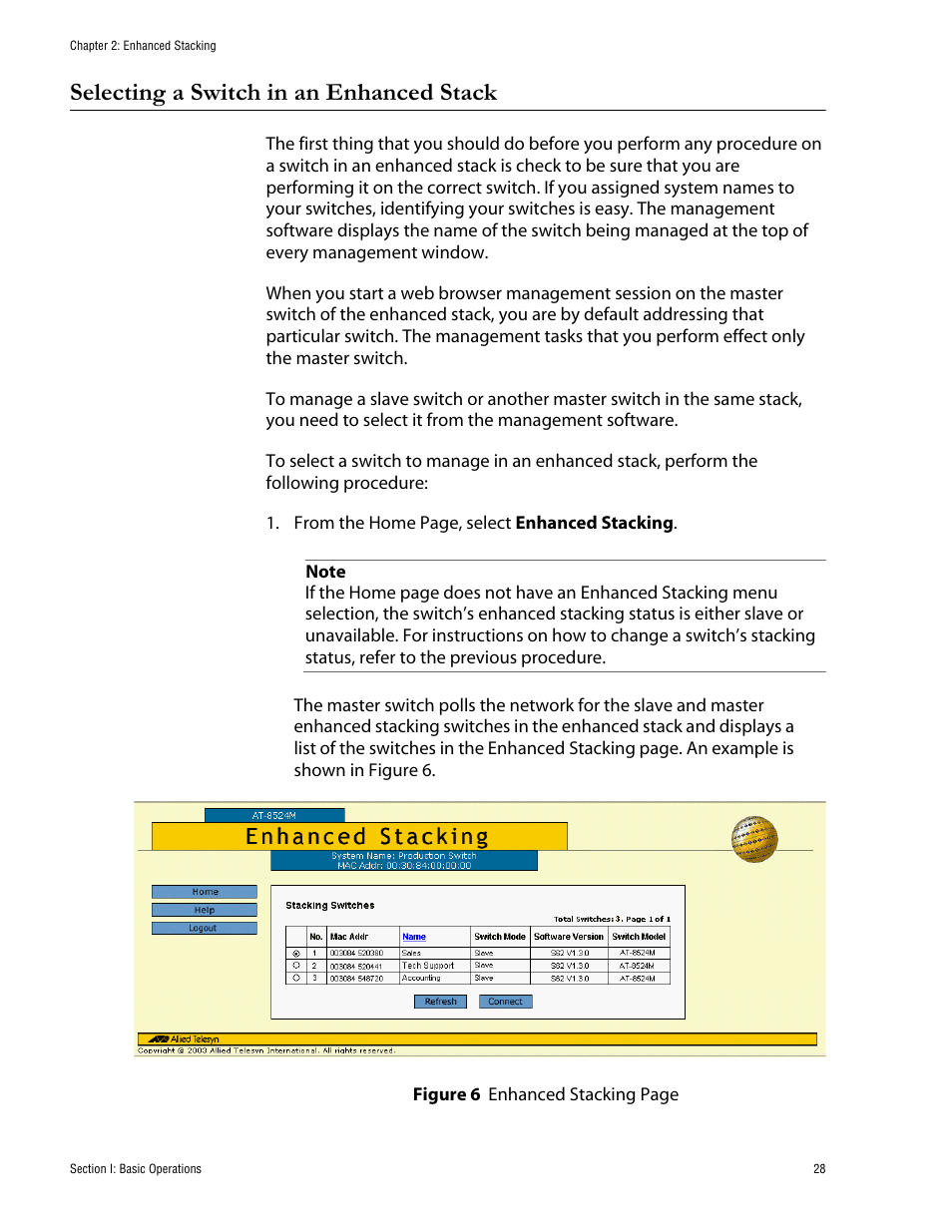 Selecting a switch in an enhanced stack | Allied Telesis AT-S62 User Manual | Page 28 / 335