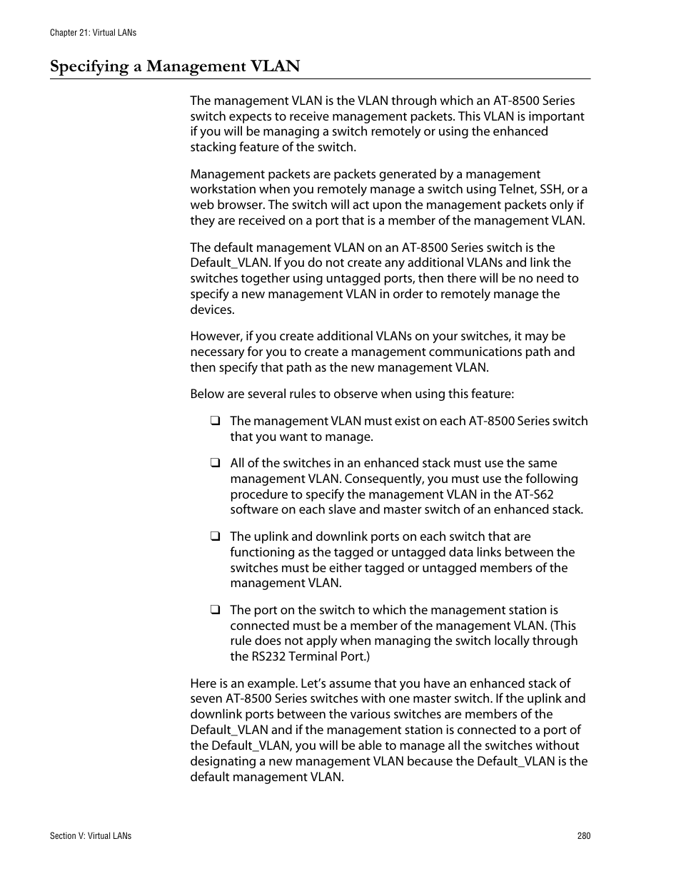 Specifying a management vlan | Allied Telesis AT-S62 User Manual | Page 280 / 335