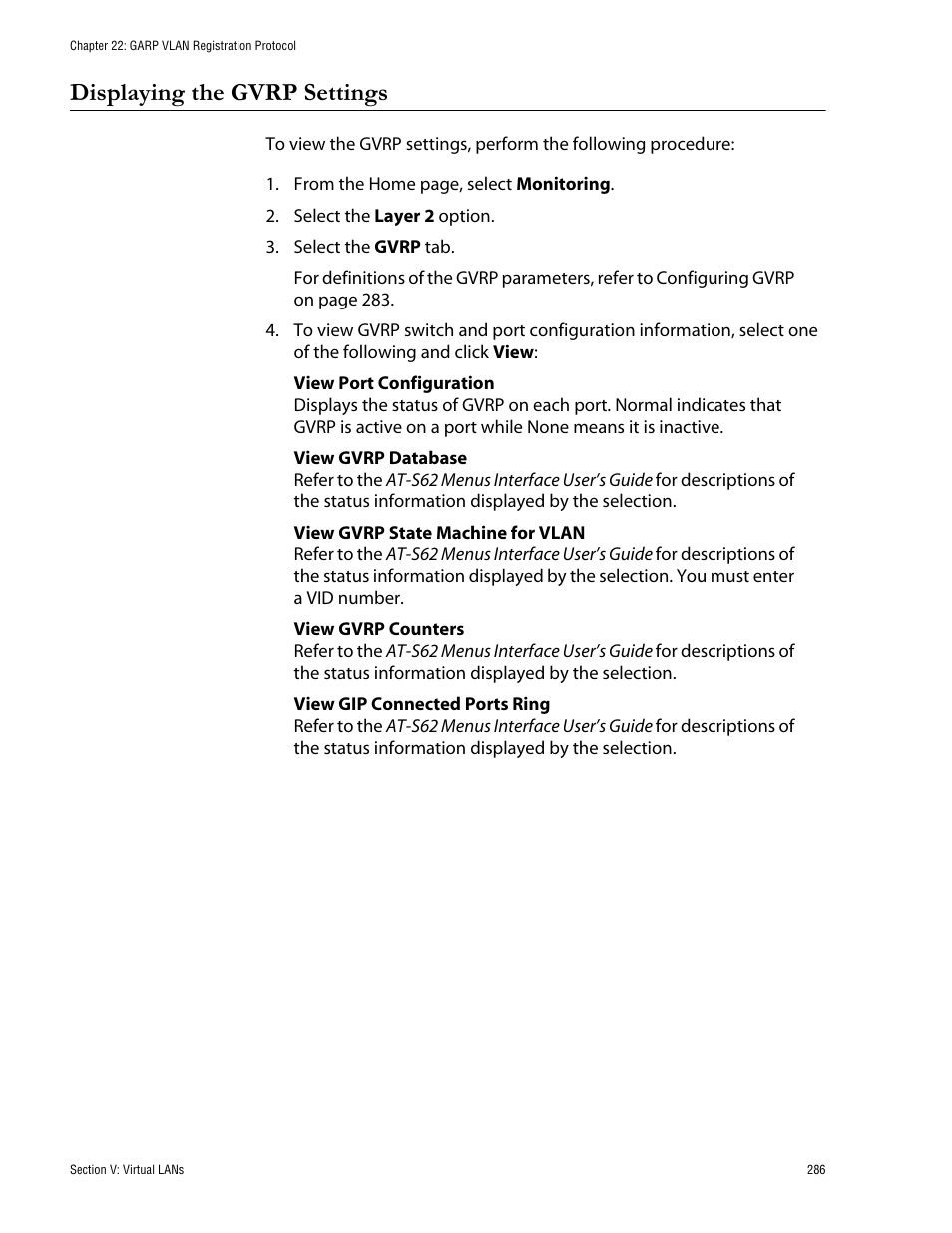 Displaying the gvrp settings | Allied Telesis AT-S62 User Manual | Page 286 / 335