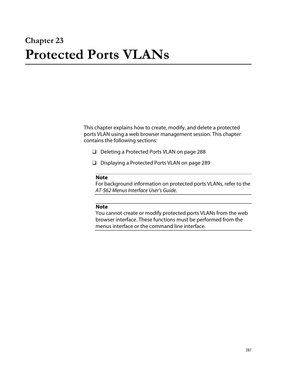 Chapter 23, Protected ports vlans, Chapter 23 protected ports vlans | Allied Telesis AT-S62 User Manual | Page 287 / 335