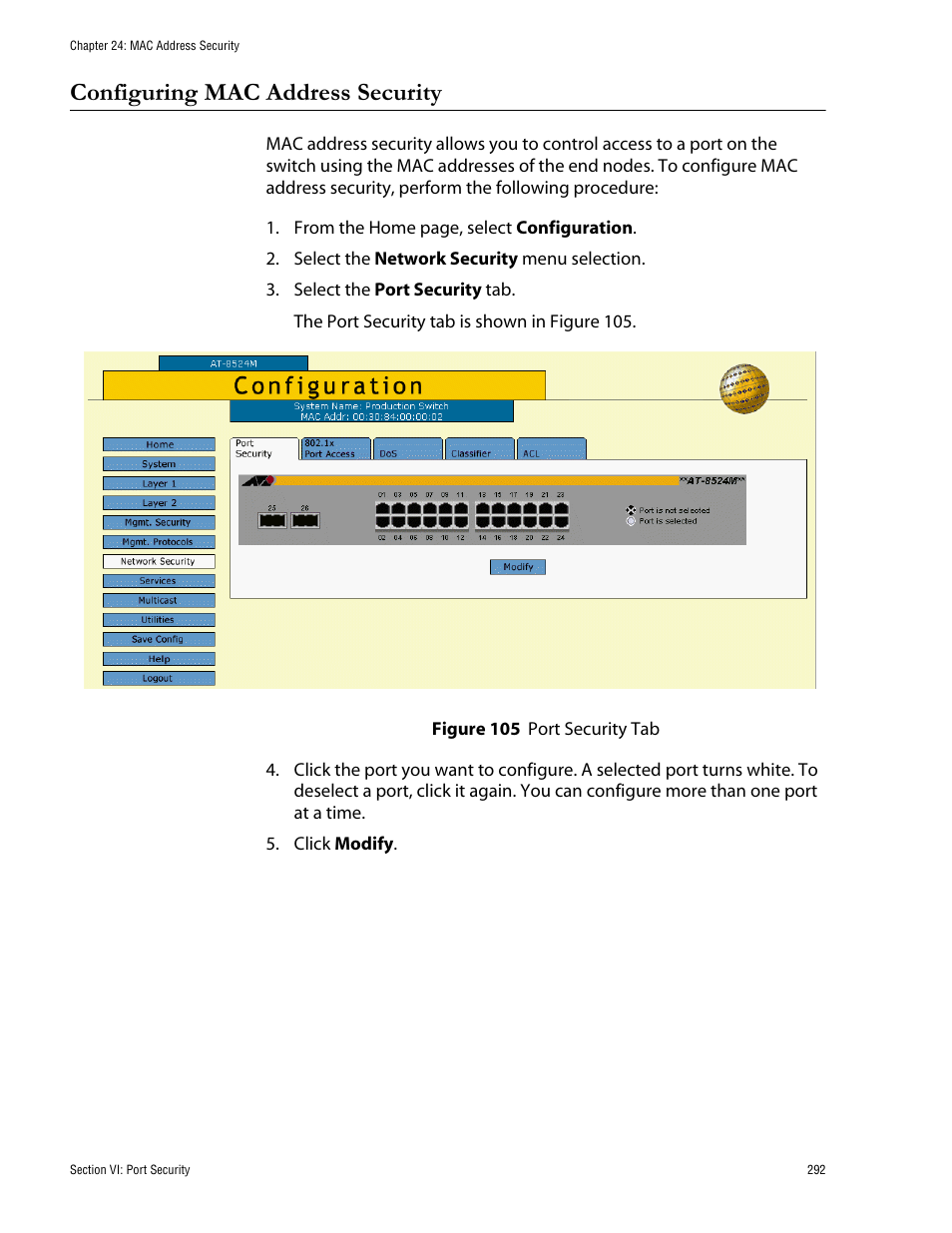 Configuring mac address security, Figure 105: port security tab | Allied Telesis AT-S62 User Manual | Page 292 / 335