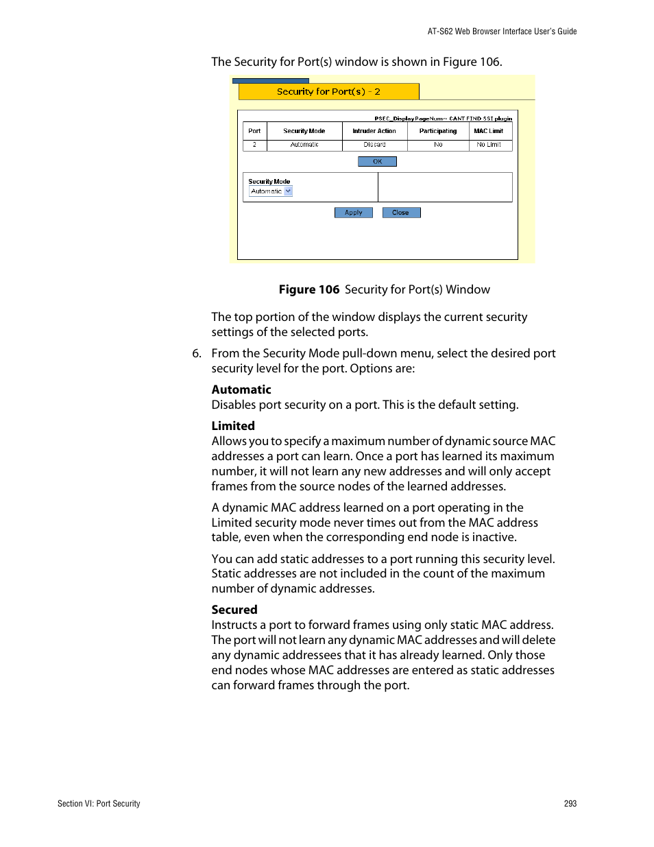Figure 106: security for port(s) window | Allied Telesis AT-S62 User Manual | Page 293 / 335