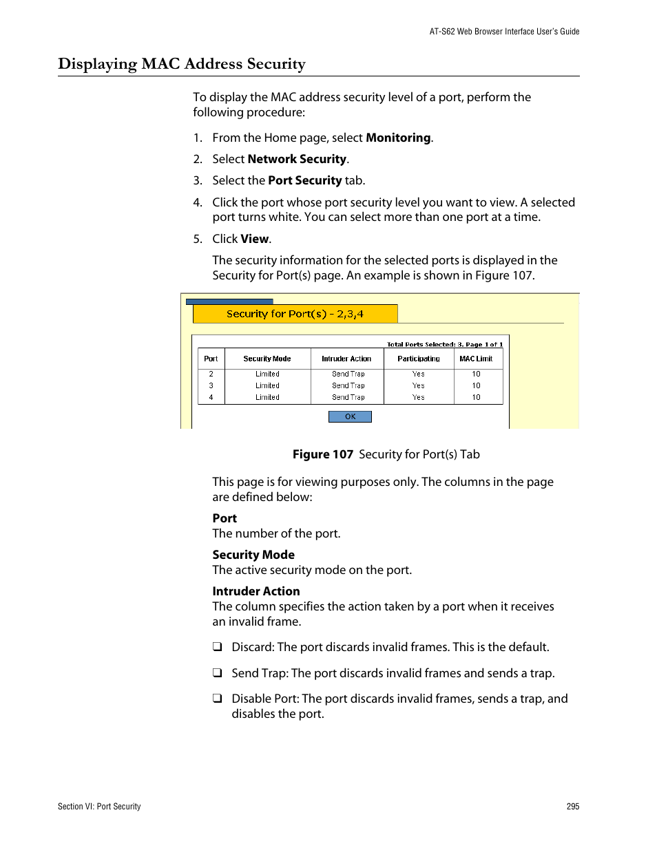 Displaying mac address security, Figure 107: security for port(s) tab | Allied Telesis AT-S62 User Manual | Page 295 / 335