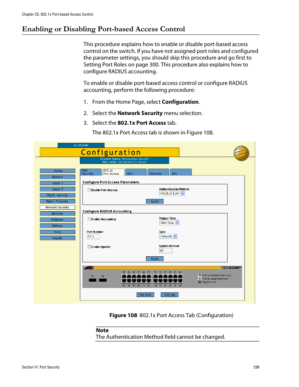 Enabling or disabling port-based access control, Figure 108: 802.1x port access tab (configuration) | Allied Telesis AT-S62 User Manual | Page 298 / 335
