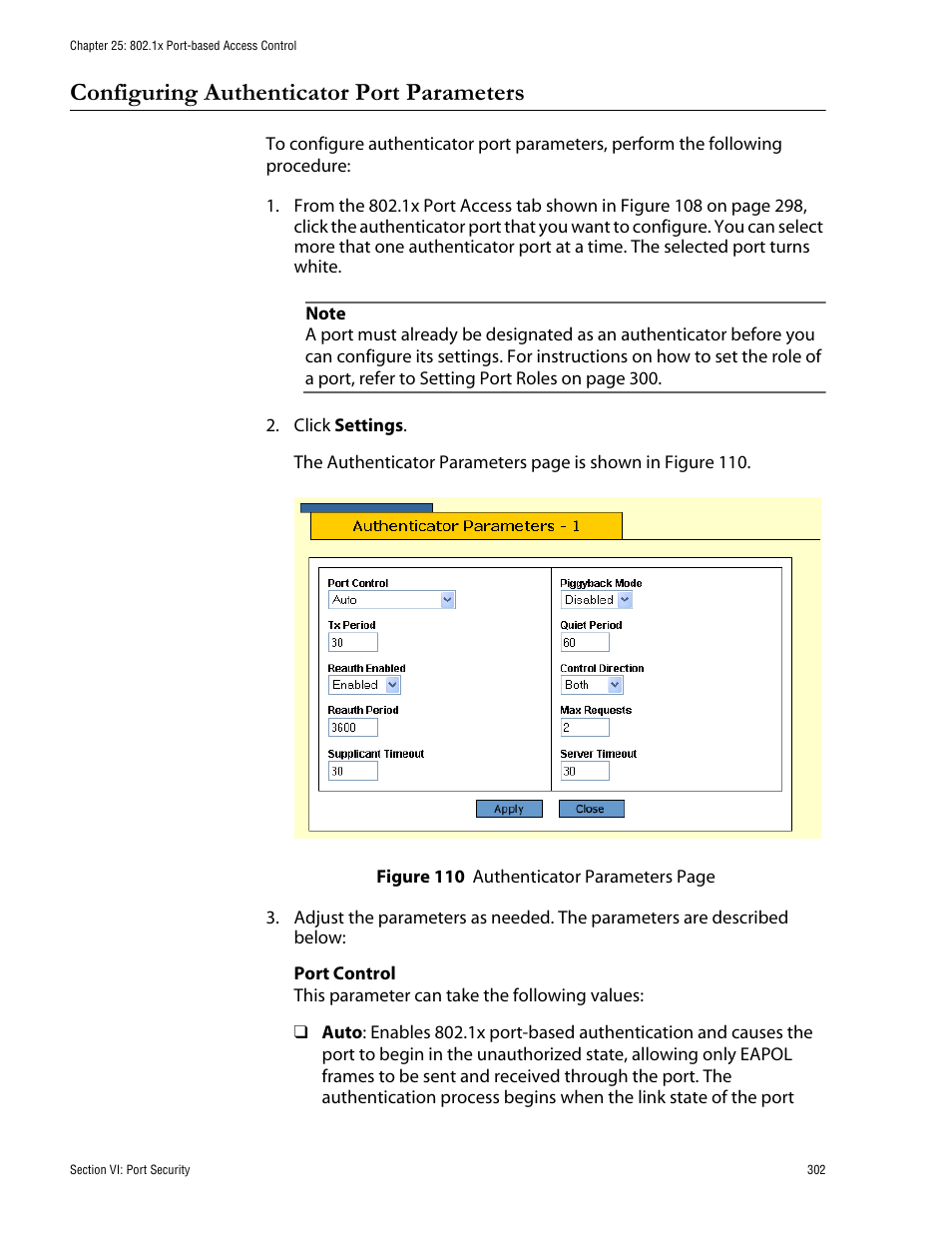 Configuring authenticator port parameters | Allied Telesis AT-S62 User Manual | Page 302 / 335