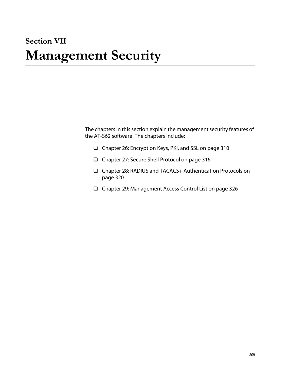 Section vii, Management security, Section vii management security | Allied Telesis AT-S62 User Manual | Page 309 / 335