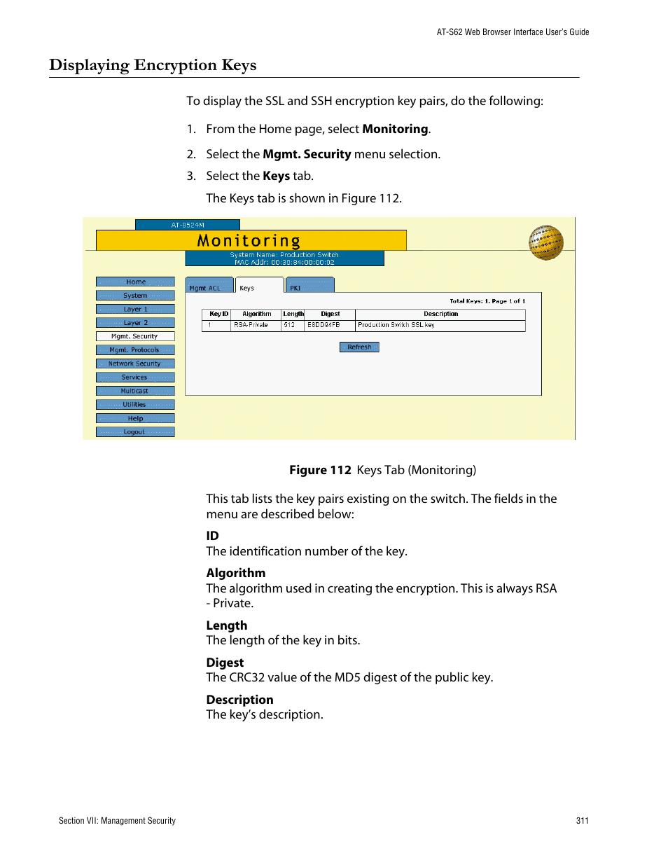 Displaying encryption keys, Figure 112: keys tab (monitoring) | Allied Telesis AT-S62 User Manual | Page 311 / 335