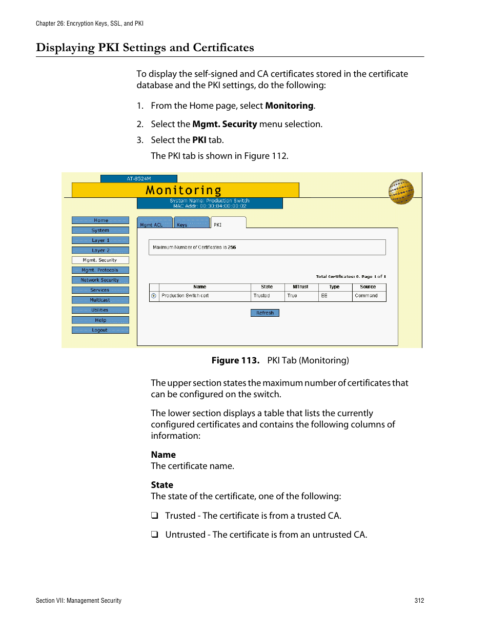 Displaying pki settings and certificates, Figure 113: pki tab (monitoring) | Allied Telesis AT-S62 User Manual | Page 312 / 335