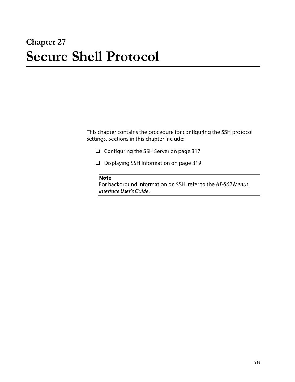 Chapter 27, Secure shell protocol, Chapter 27 secure shell protocol | Allied Telesis AT-S62 User Manual | Page 316 / 335