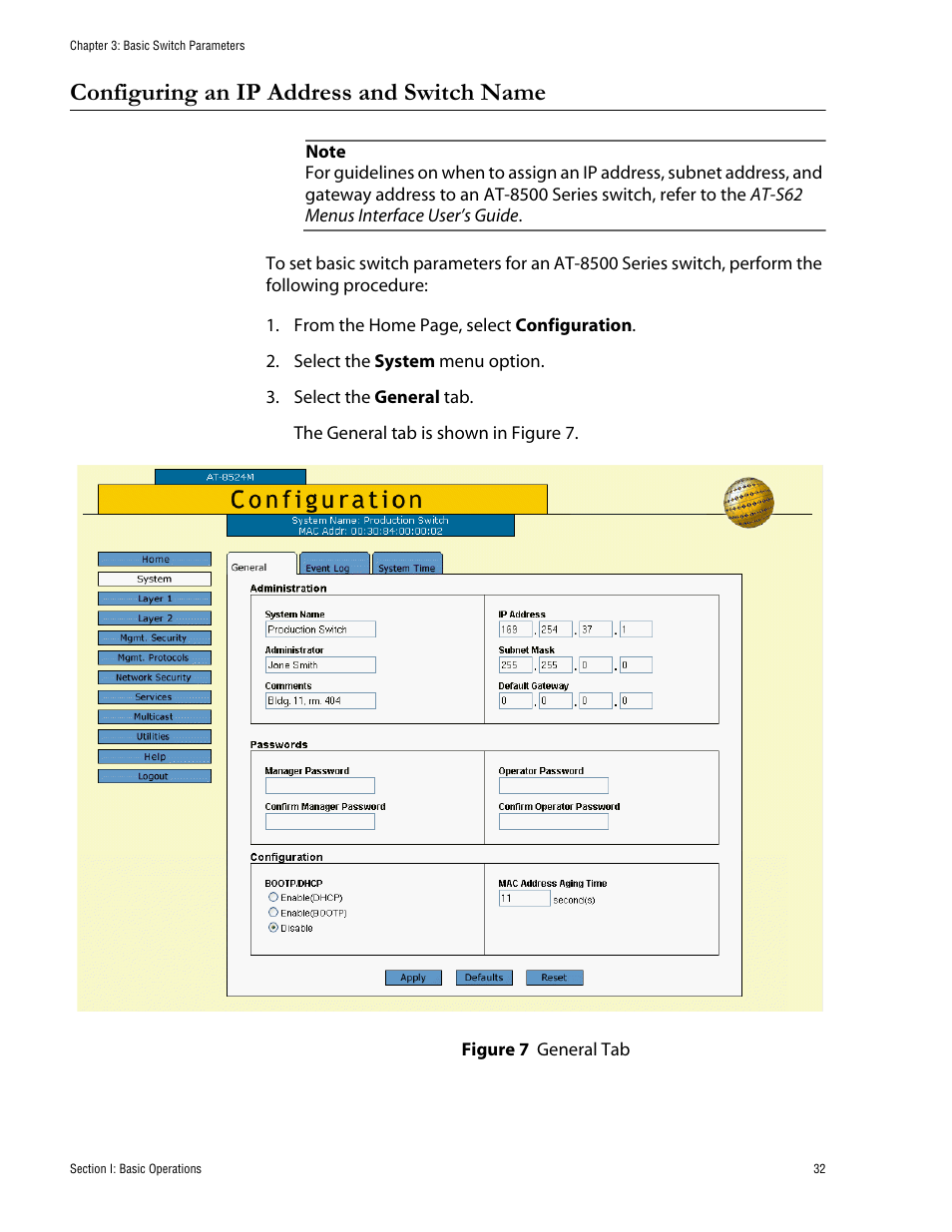 Configuring an ip address and switch name, Figure 7: general tab | Allied Telesis AT-S62 User Manual | Page 32 / 335