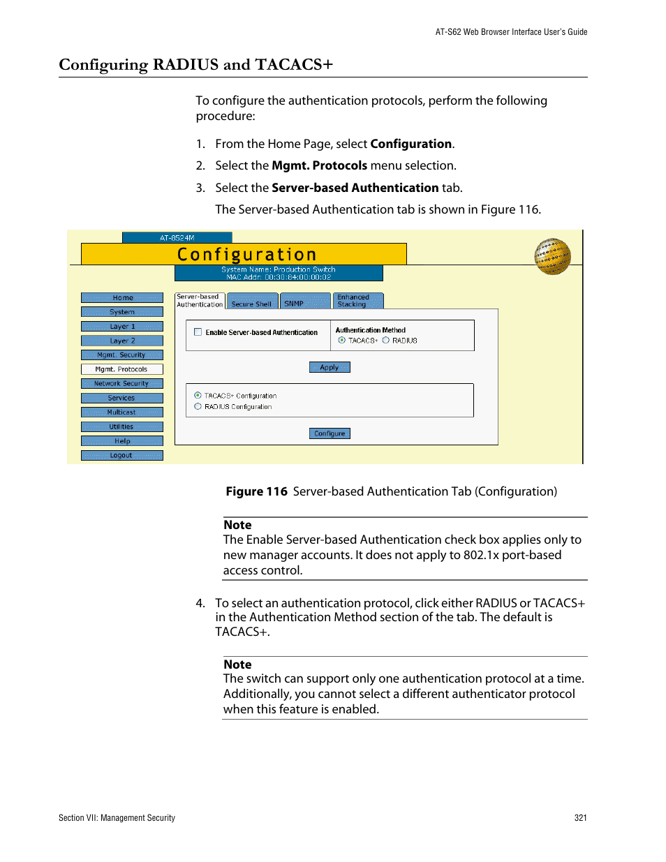 Configuring radius and tacacs | Allied Telesis AT-S62 User Manual | Page 321 / 335
