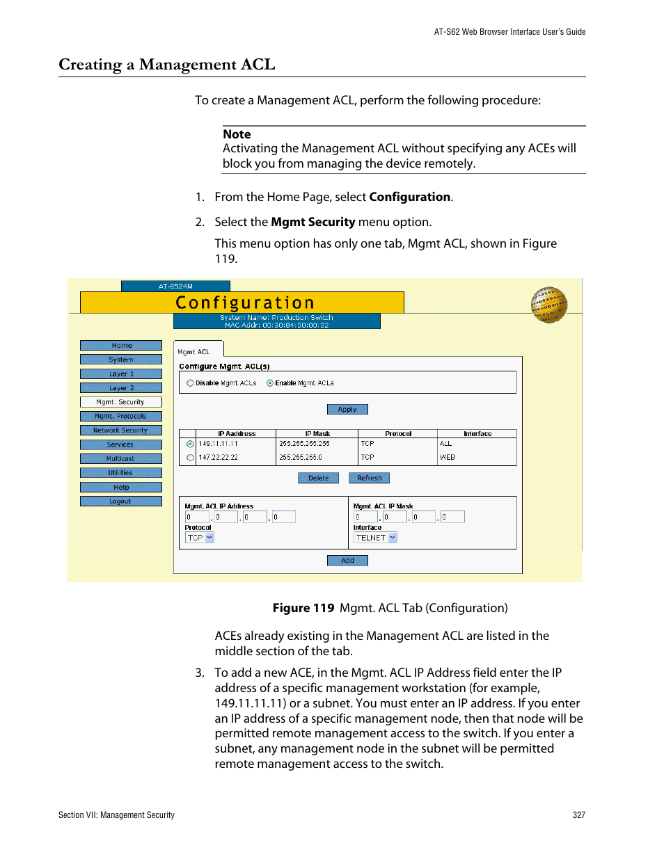 Creating a management acl, Mgmt. acl tab (configuration) | Allied Telesis AT-S62 User Manual | Page 327 / 335
